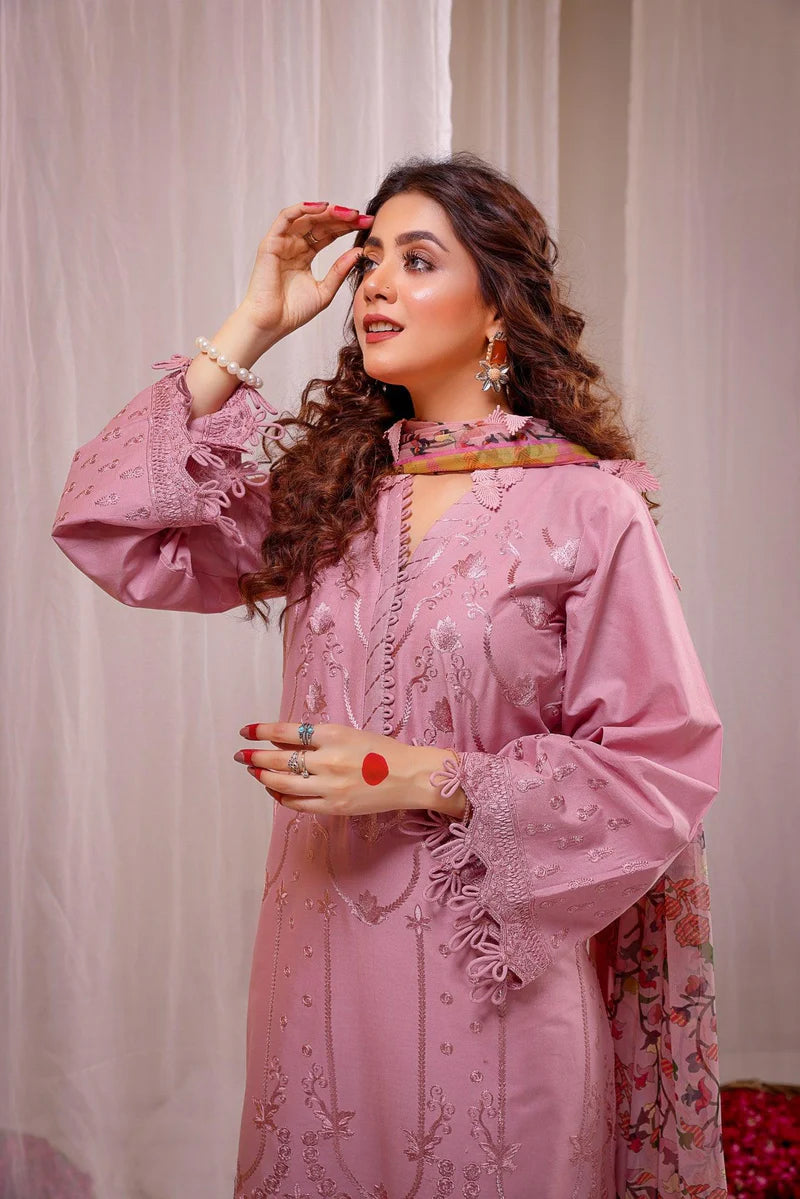 3PC EMBROIDERED DHANAK SUIT - AB40