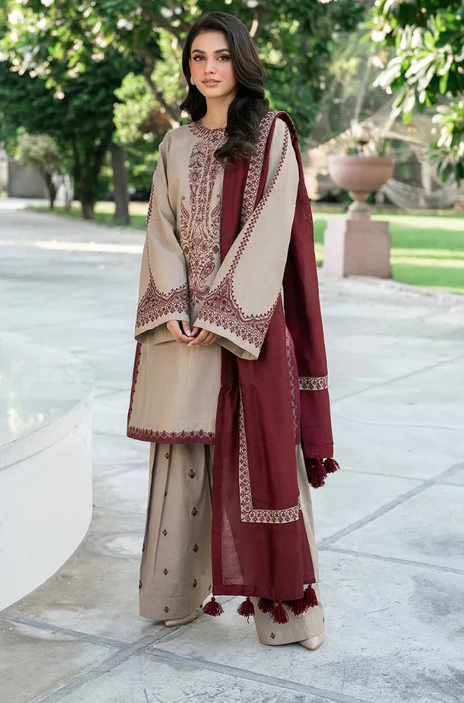 3PC Unstitched Dhanak Embroidered Shirt with Embroidered Dhanak Shawl and Trousers -AB115
