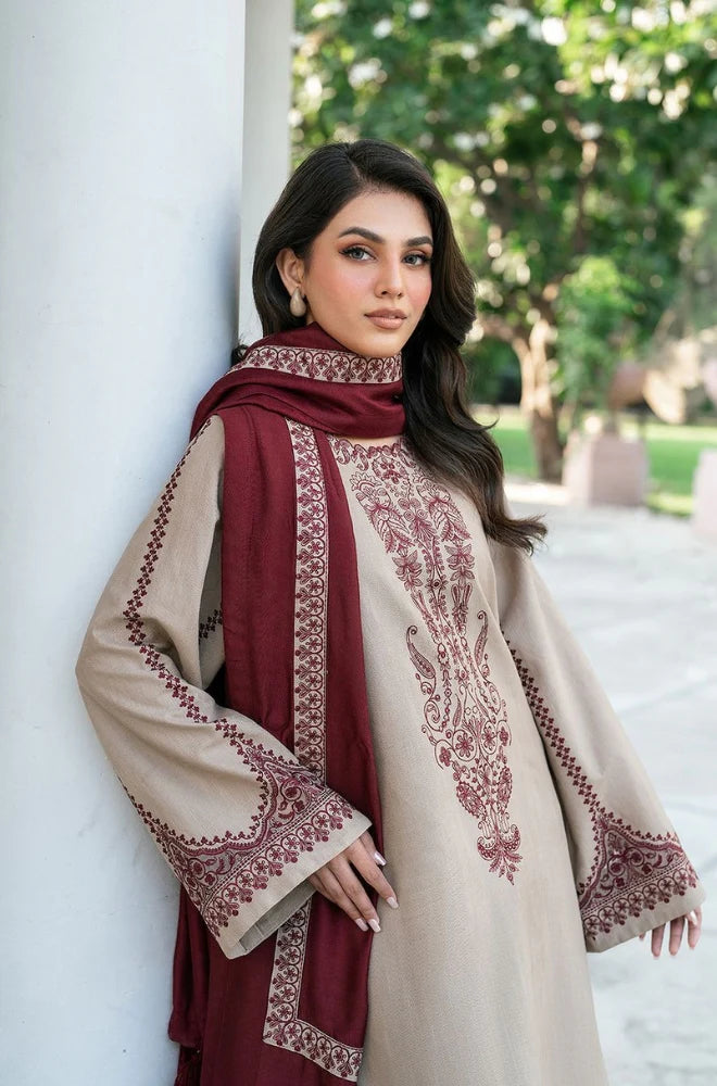 3PC Unstitched Dhanak Embroidered Shirt with Embroidered Dhanak Shawl and Trousers -AB115