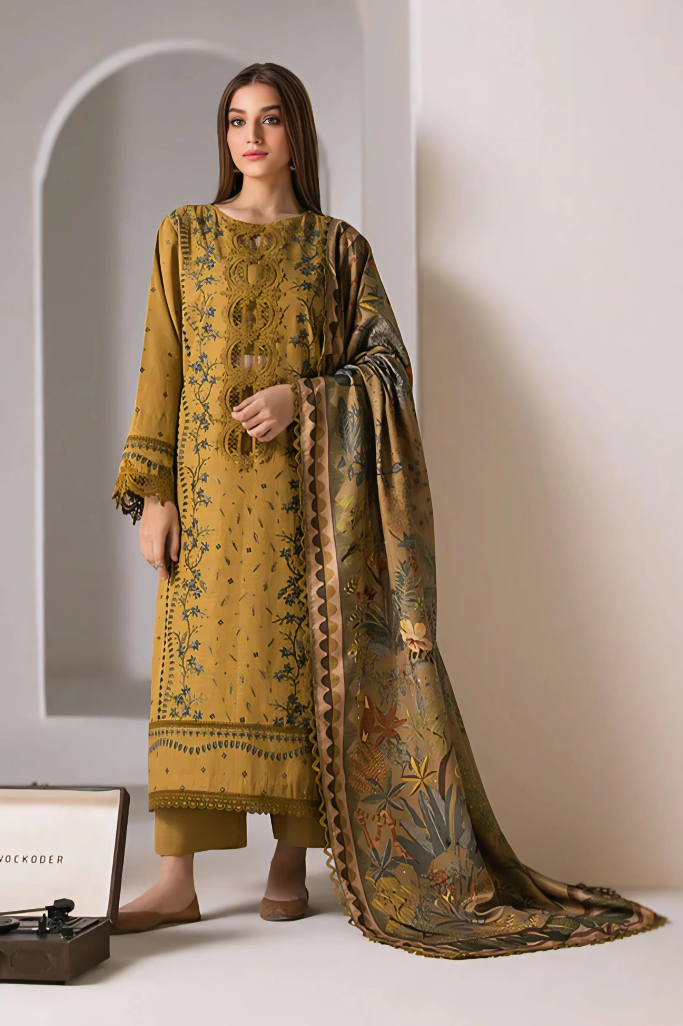 3PC Unstitched Dhanak Embroidered Shirt with Embroidered Dhanak Shawl and Trousers -AB111