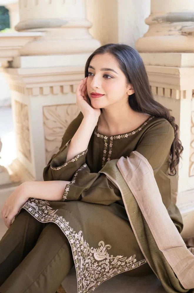 3PC Unstitched Dhanak Embroidery Suit-AB106