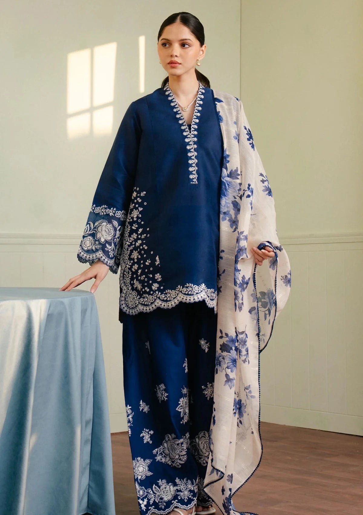 3PC Unstitched Dhanak Embroidered Shirt with Embroidered Dhanak Shawl and Trousers -AB124
