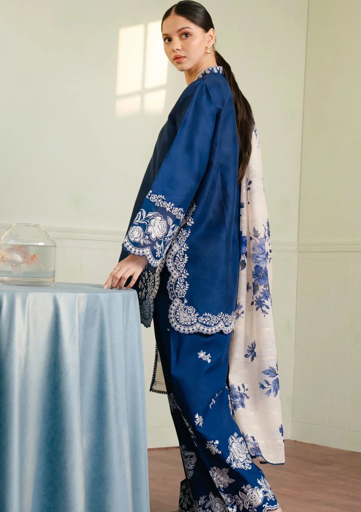 3PC Unstitched Dhanak Embroidered Shirt with Embroidered Dhanak Shawl and Trousers -AB124