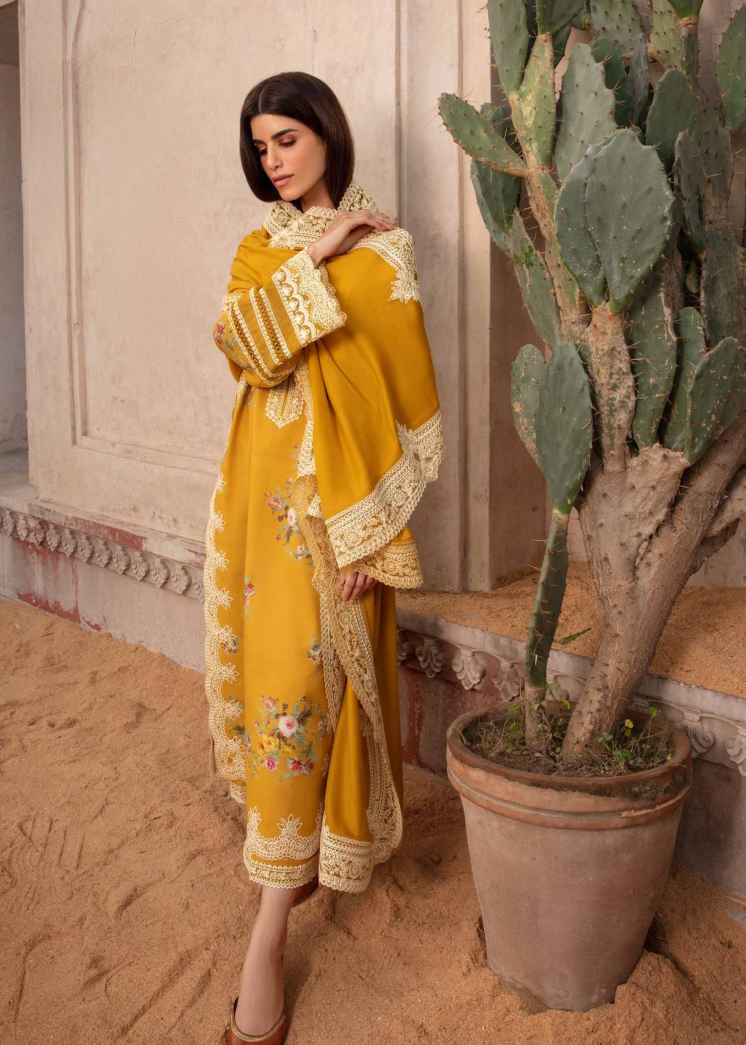 3PC Unstitched Dhanak Embroidered Shirt with Embroidered Dhanak Shawl and Trousers -AB112