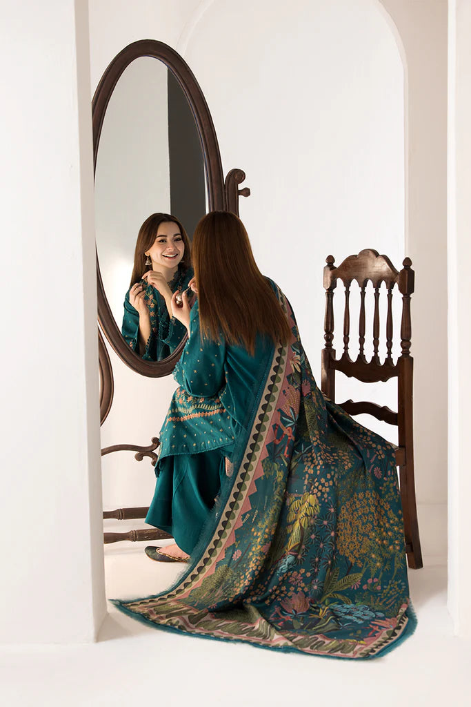 3PC Unstitched Dhanak Embroidered Shirt with Embroidered Dhanak Shawl and Trousers -AB123