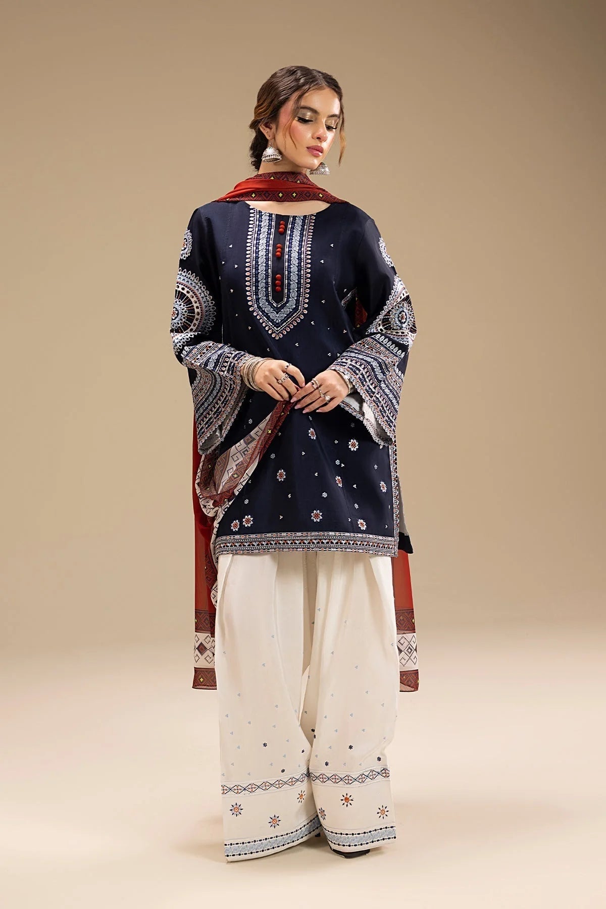 3PC Unstitched Dhanak Embroidered Shirt with Embroidered Dhanak Shawl and Trousers -AB125