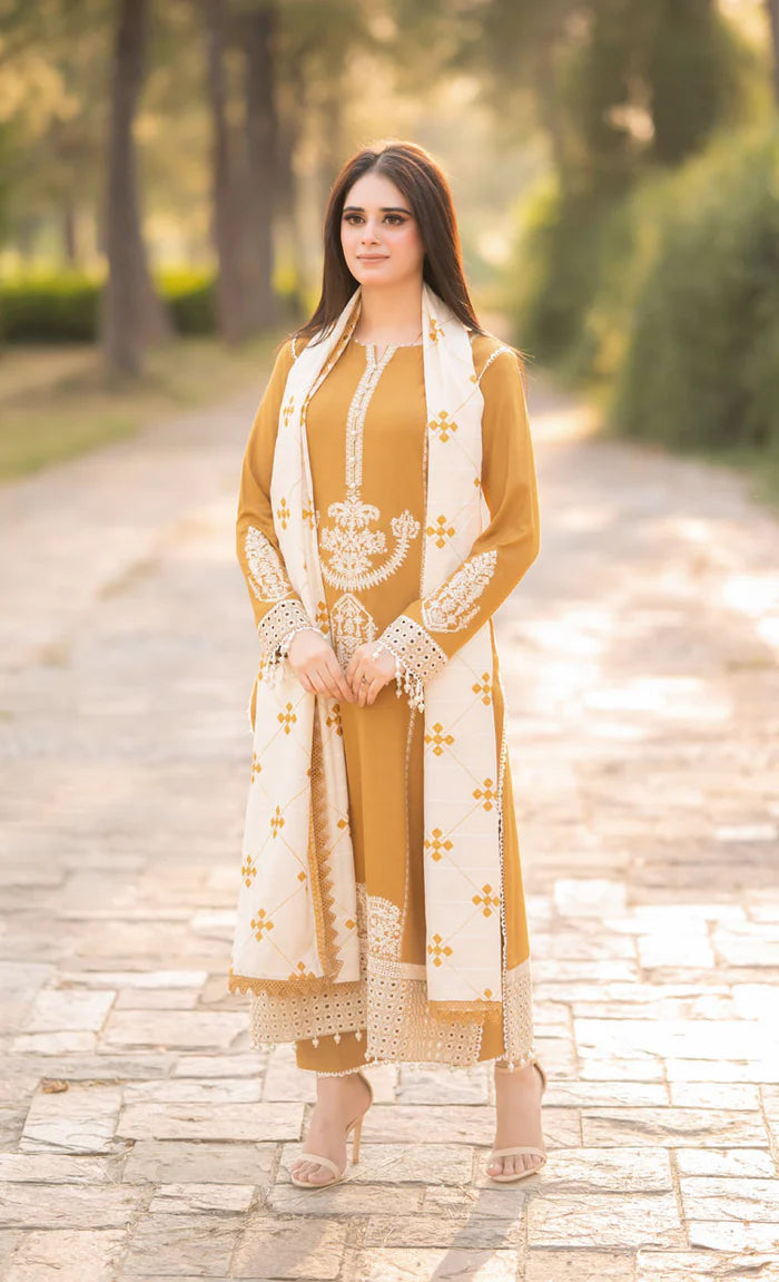 3PC Unstitched Dhanak Embroidered Shirt with Embroidered Dhanak Shawl and Trousers -AB122