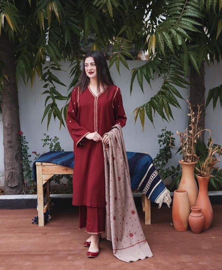 3PC Embroidery Suit with Dhanak Shawl-AB-06