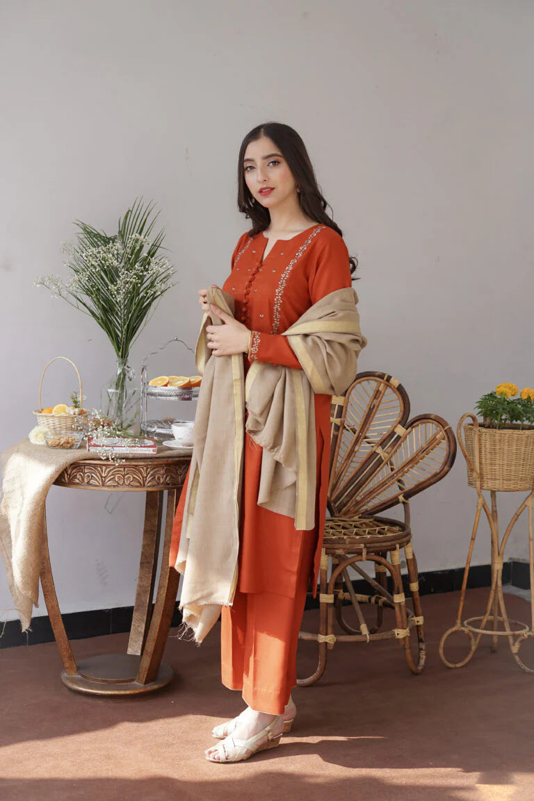 3PC Embroidery Suit with Dhanak Shawl-AB-02