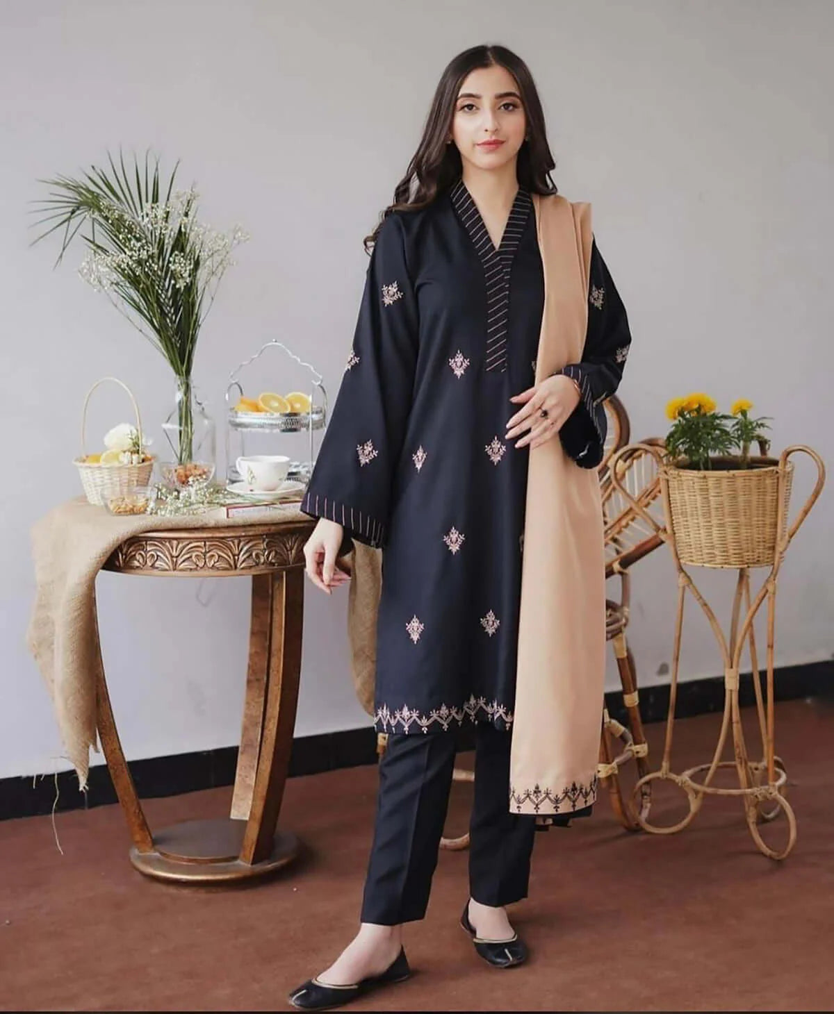 3PC Embroidery Suit with Dhanak Shawl-AB-03
