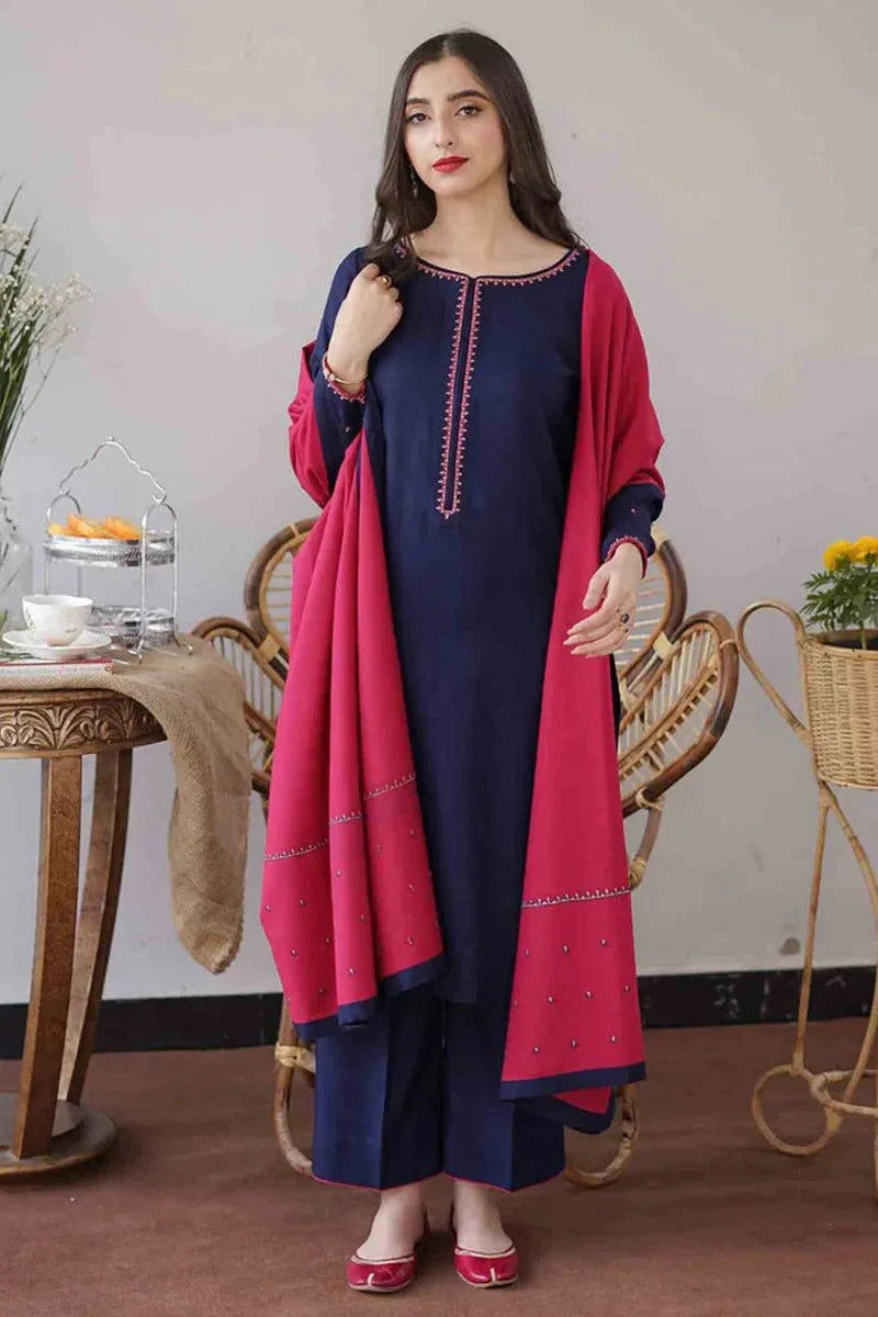 3PC Embroidery Suit with Dhanak Shawl-AB-12