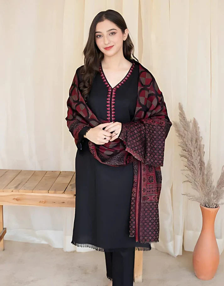 3PC-Embroidery Suit With Wool Shawl-AB-132