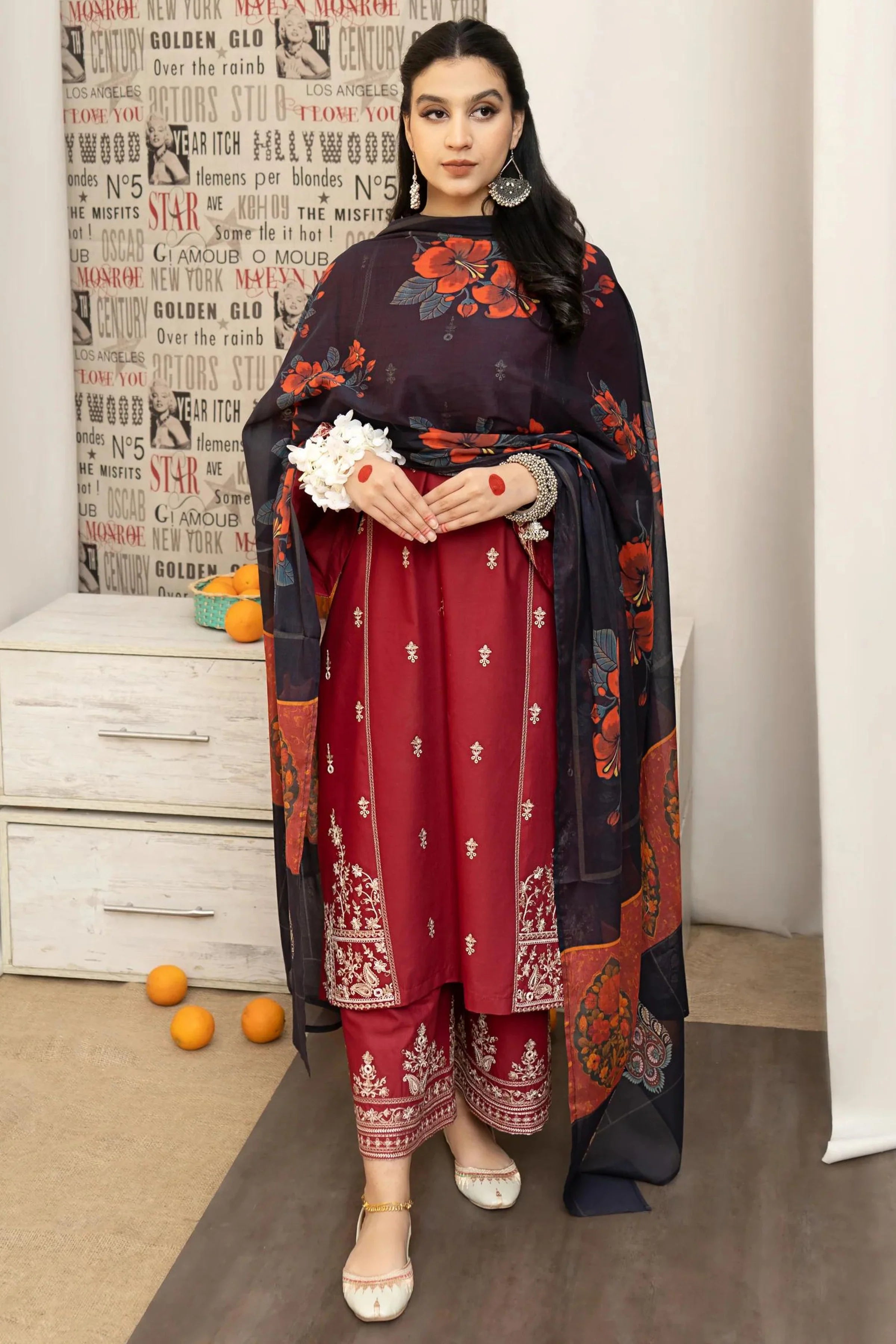 3PC-Embroidery Suit With Dhanak Shawl-AB-134