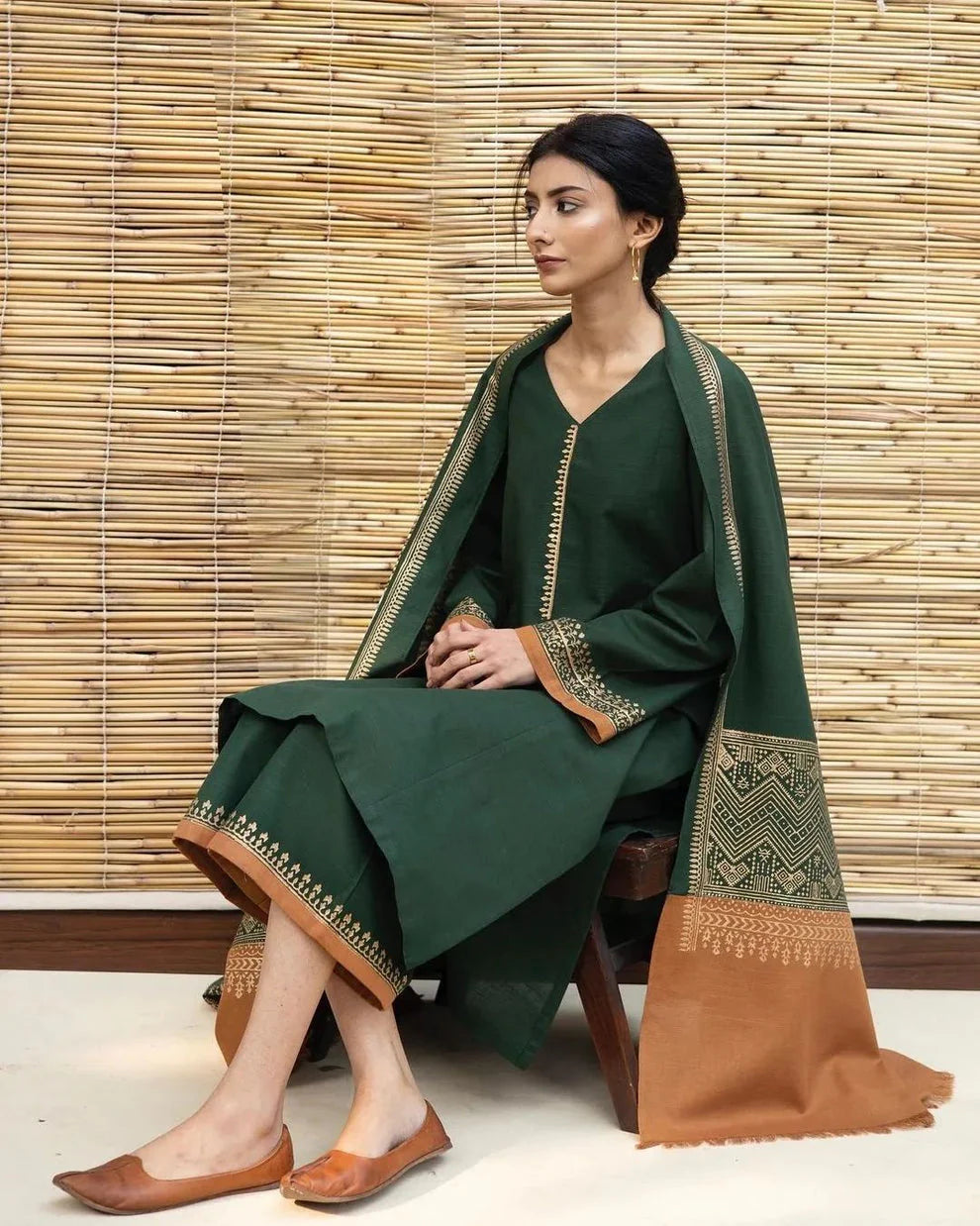 3PC Embroidery Suit with Dhanak Wool Shawl-AB-11