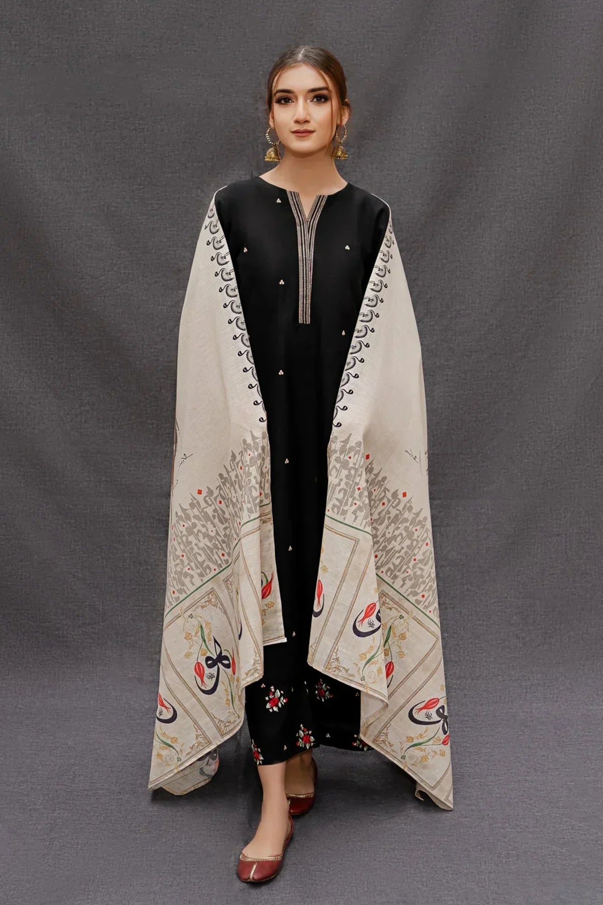 3PC-Embroidery Suit With Wool Shawl-AB-135
