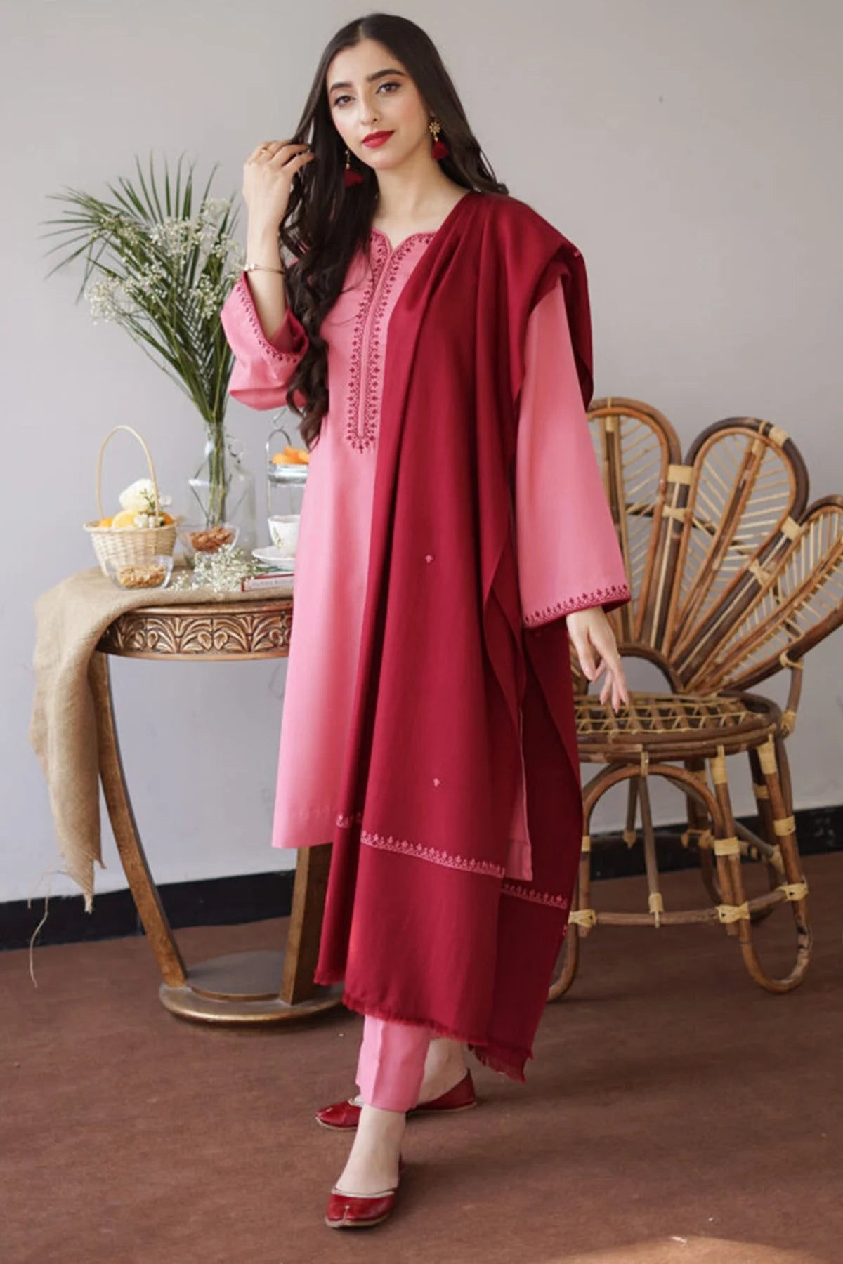 3PC Embroidery Suit with Dhanak Shawl-AB-04