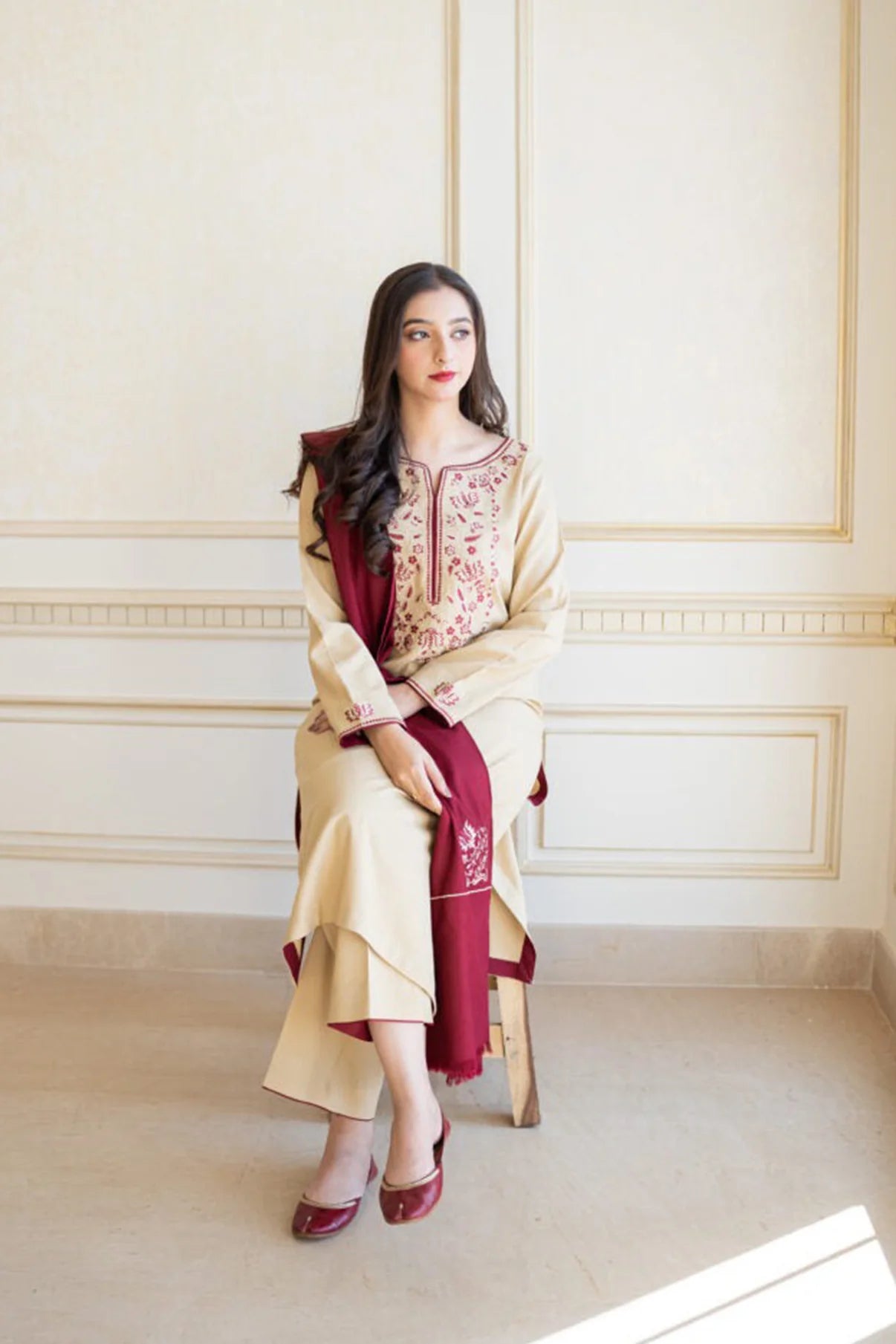 3PC-Embroidery Suit With Dhanak Shawl-AB-133
