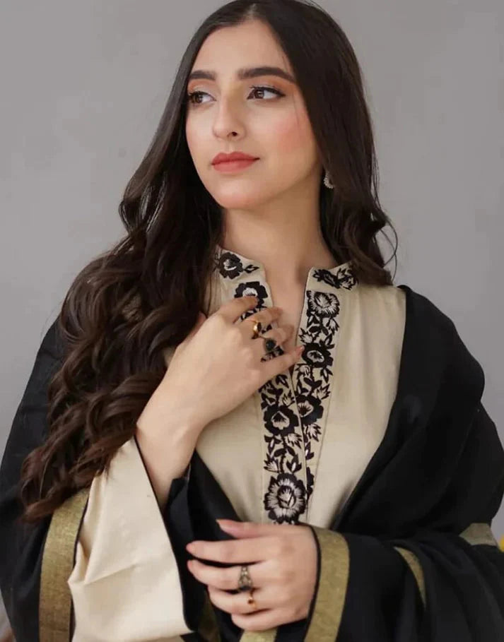 3PC Unstitched Dhanak Embroidered Shirt with Embroidered Dhanak Shawl and Trousers -AB127