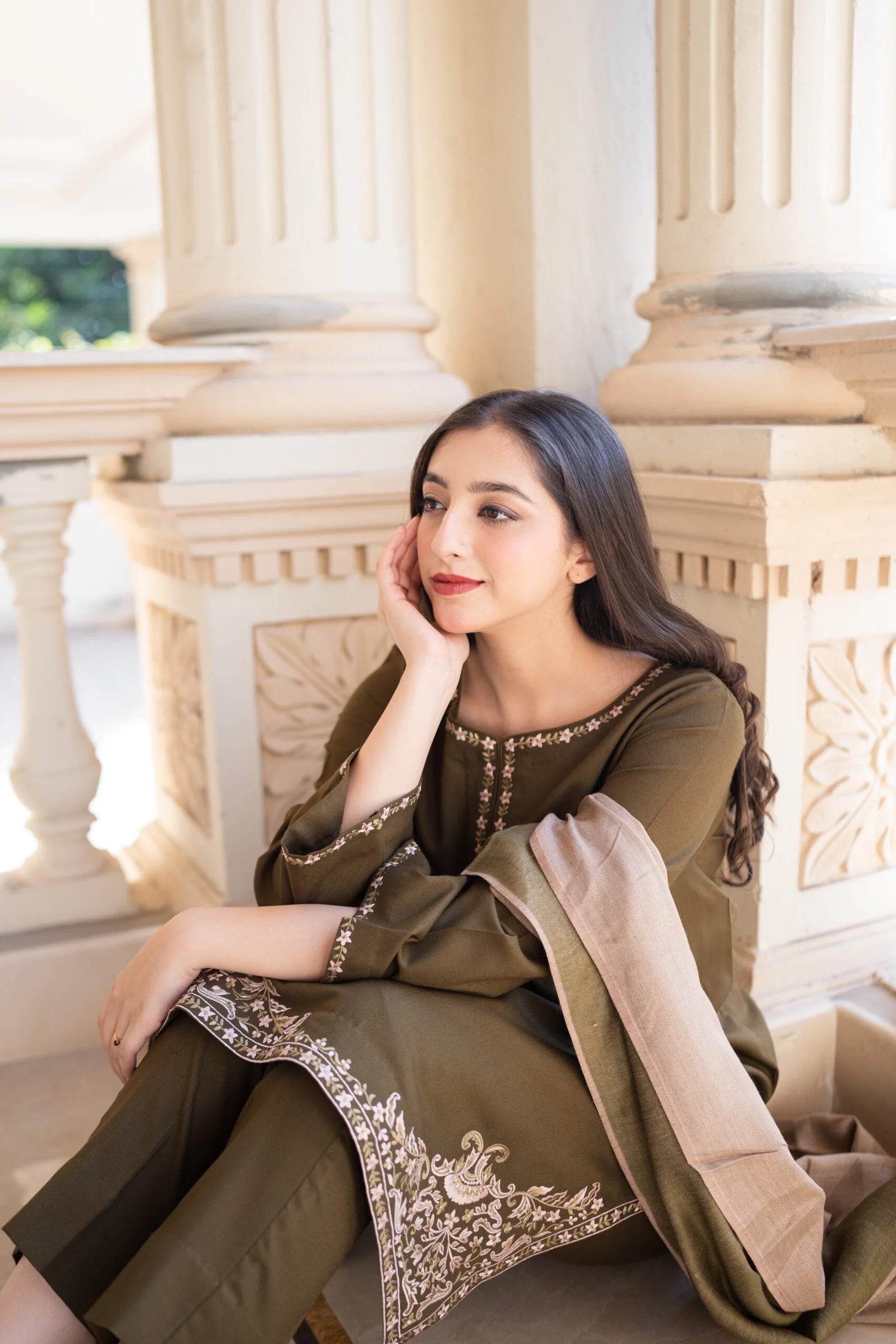 3PC Unstitched Dhanak Embroidered Shirt with Embroidered Dhanak Shawl and Trousers -AB131