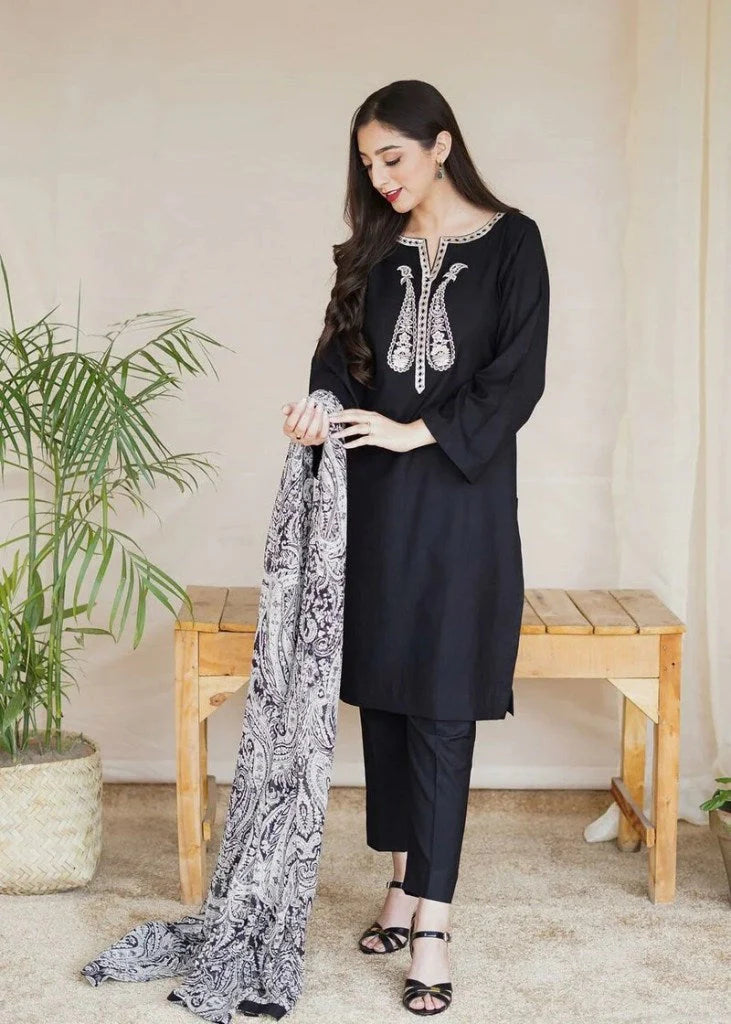 3PC Unstitched Dhanak Embroidered Shirt with Embroidered Dhanak Shawl and Trousers -AB130