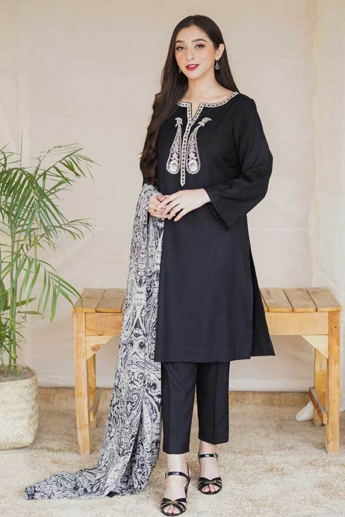 3PC Unstitched Dhanak Embroidered Shirt with Embroidered Dhanak Shawl and Trousers -AB130