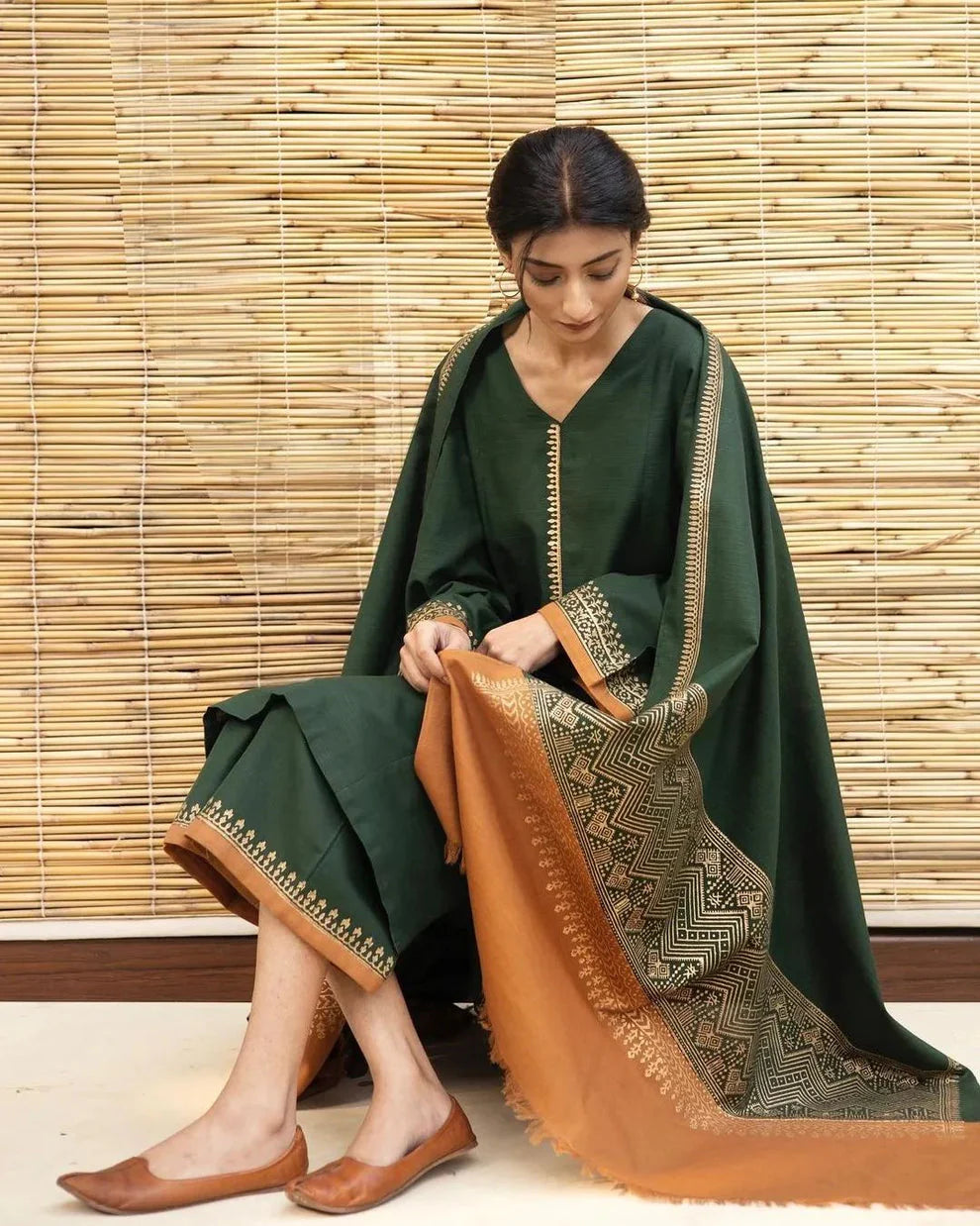 3PC Embroidery Suit with Dhanak Wool Shawl-AB-11
