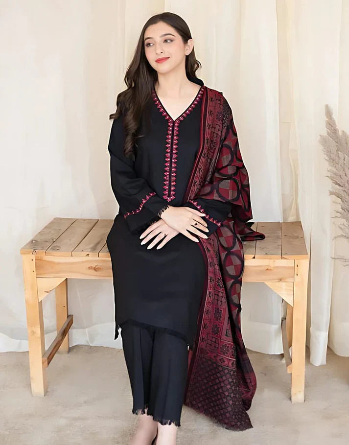 3PC-Embroidery Suit With Wool Shawl-AB-132