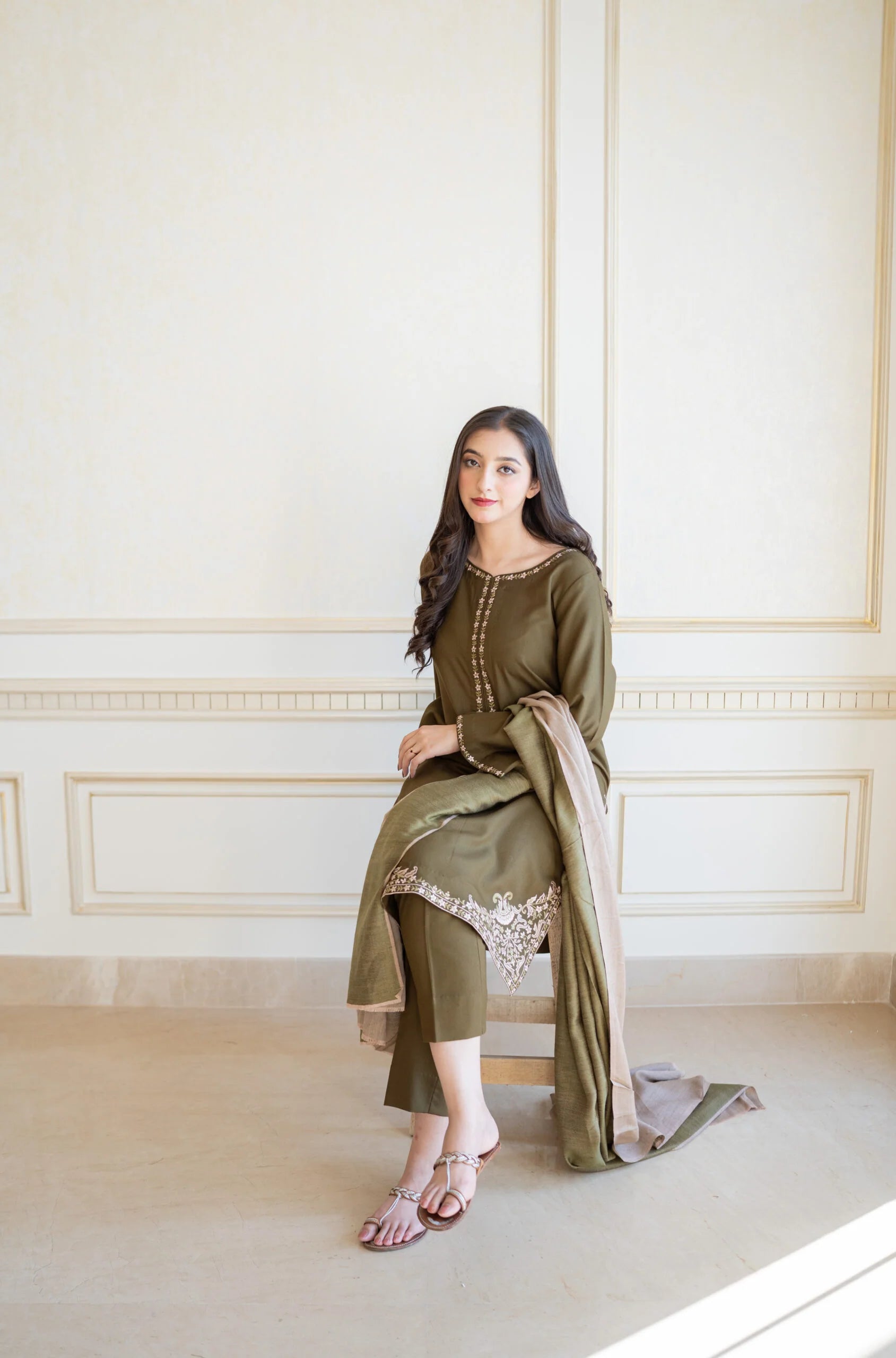 3PC Unstitched Dhanak Embroidered Shirt with Embroidered Dhanak Shawl and Trousers -AB131
