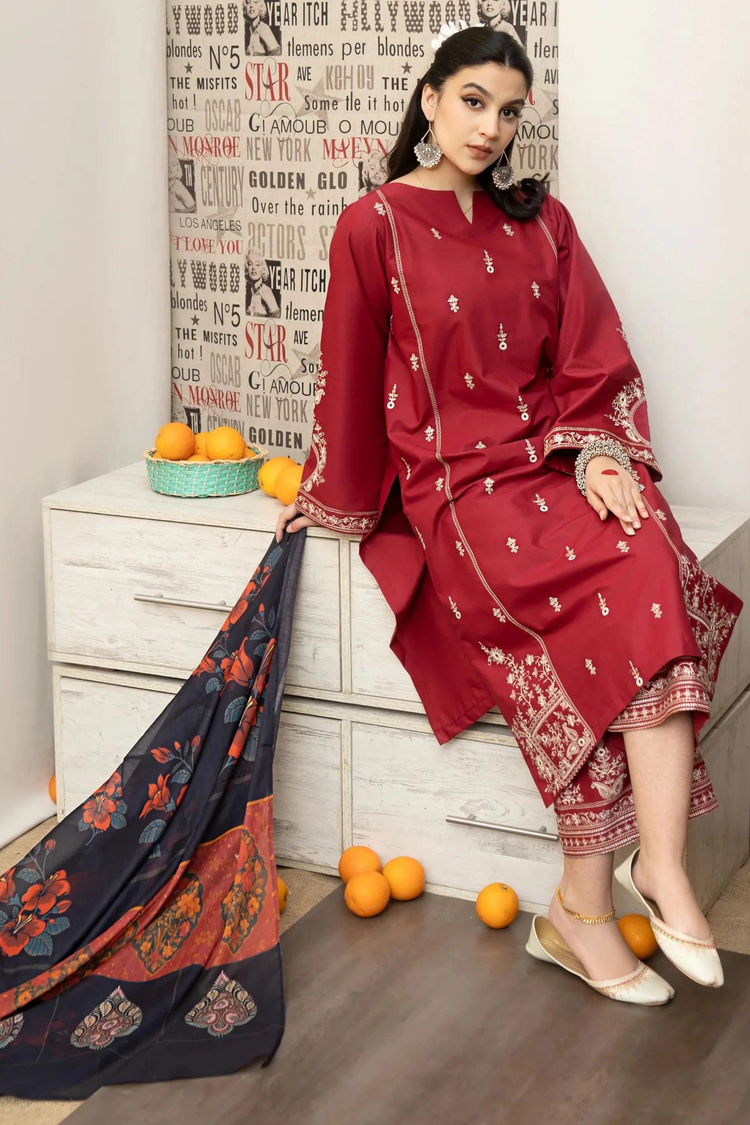 3PC-Embroidery Suit With Dhanak Shawl-AB-134