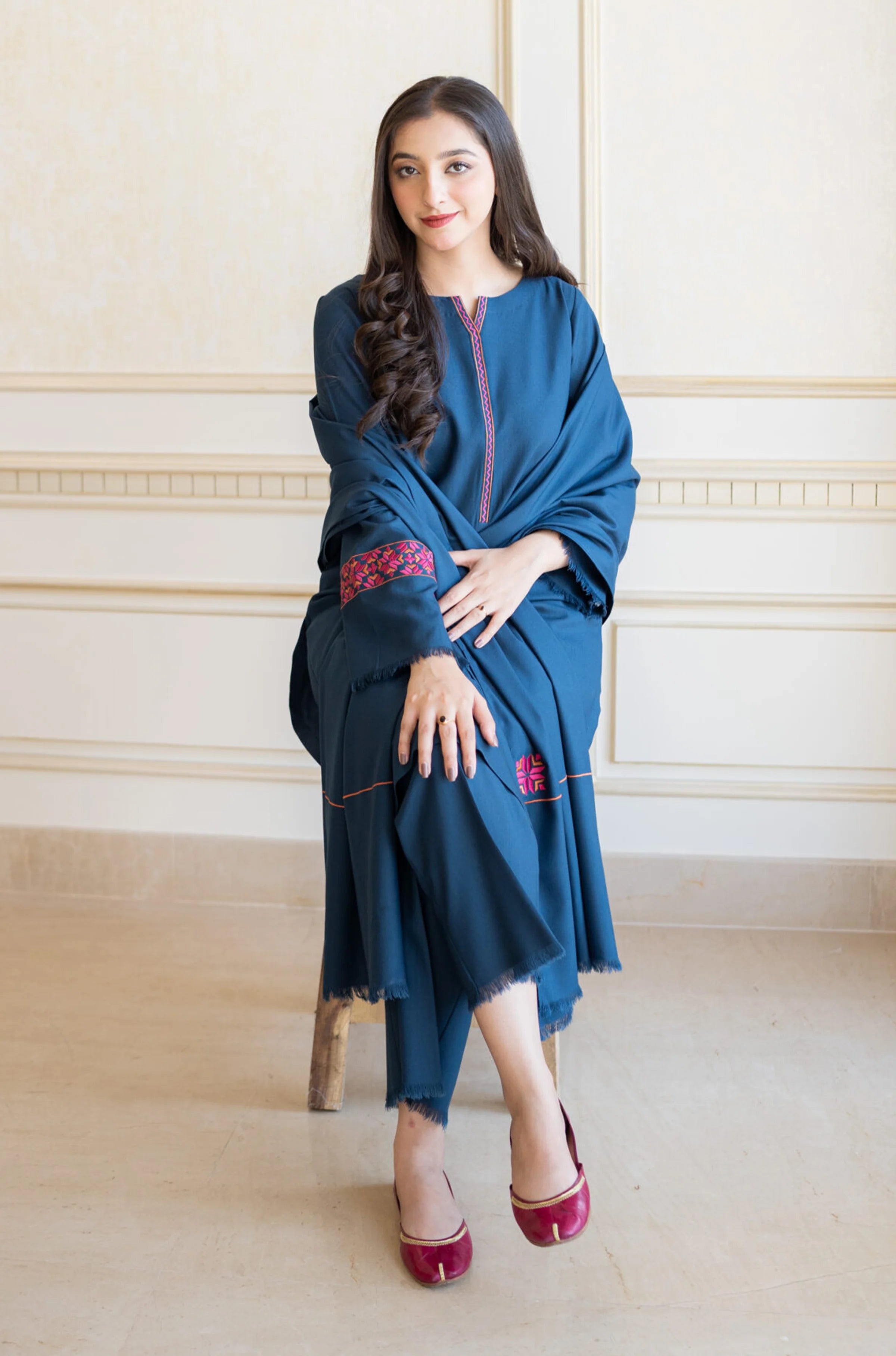 3PC Embroidery Suit with Dhanak Shawl-AB-07
