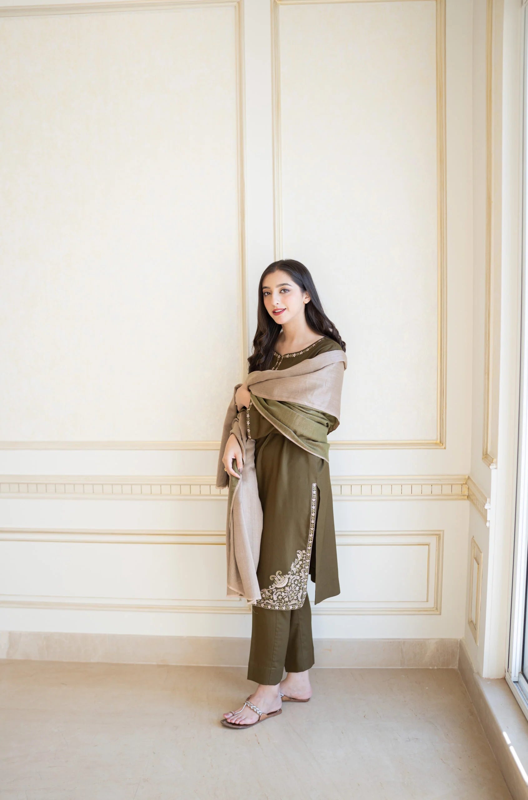 3PC Unstitched Dhanak Embroidered Shirt with Embroidered Dhanak Shawl and Trousers -AB131