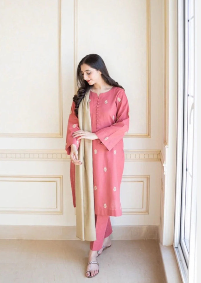 3PC Embroidery Suit with Dhanak Shawl-AB-09