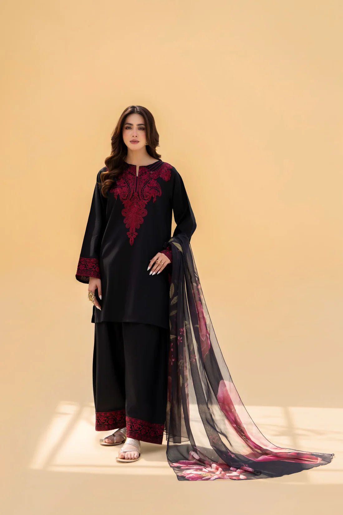 3PC Unstitched Dhanak Embroidered Shirt with Embroidered Dhanak Shawl and Trousers -AB121