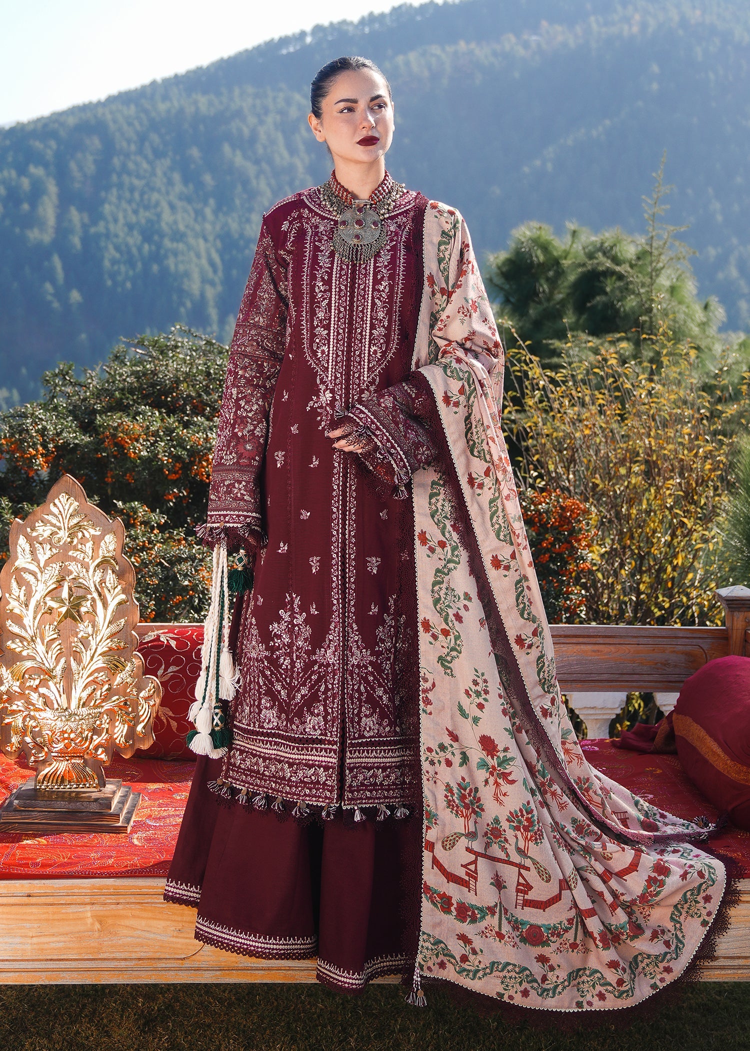 3PC Unstitched Dhanak Embroidered Shirt with Embroidered Dhanak Shawl and Trousers -AB108