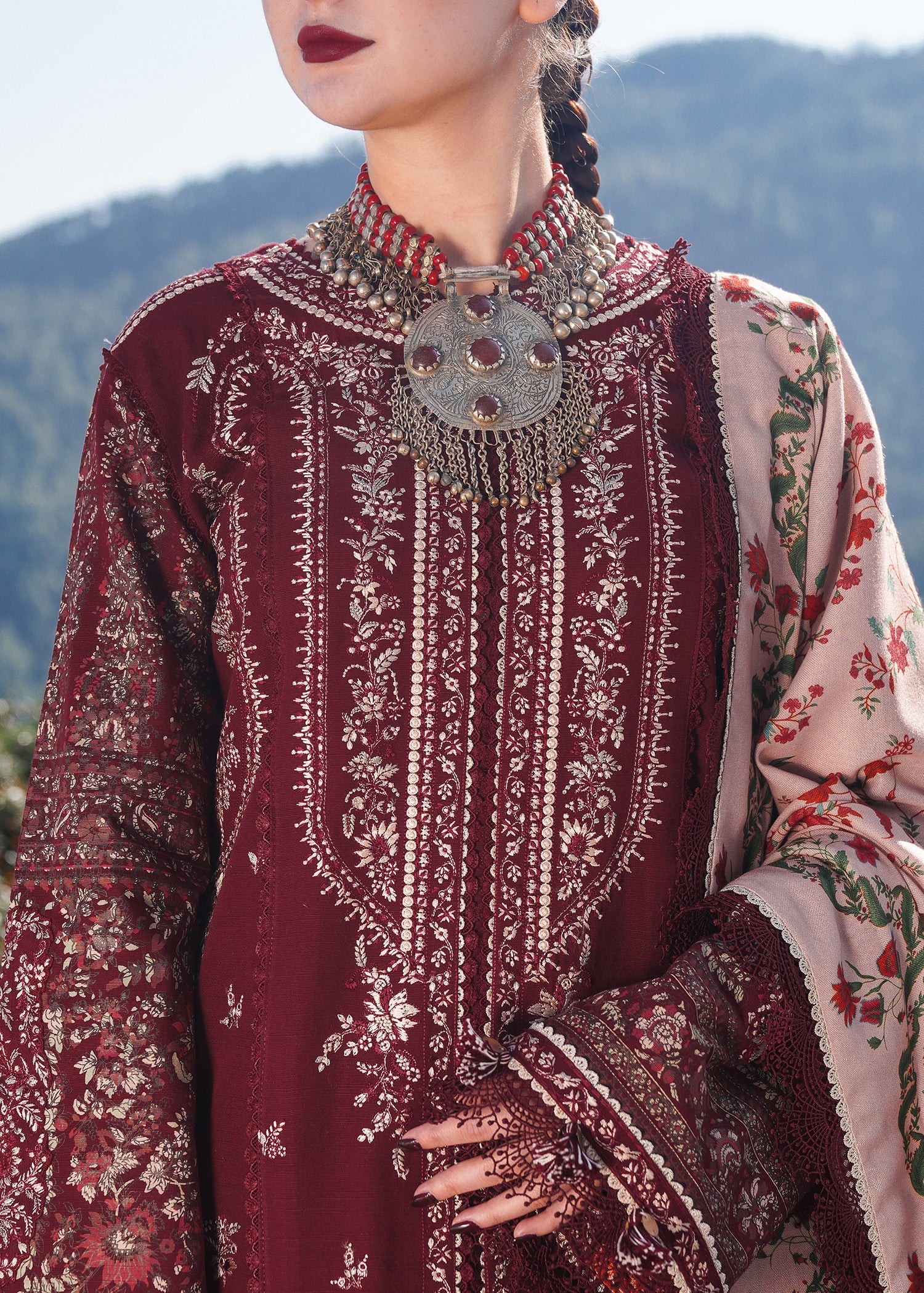 3PC Unstitched Dhanak Embroidered Shirt with Embroidered Dhanak Shawl and Trousers -AB108