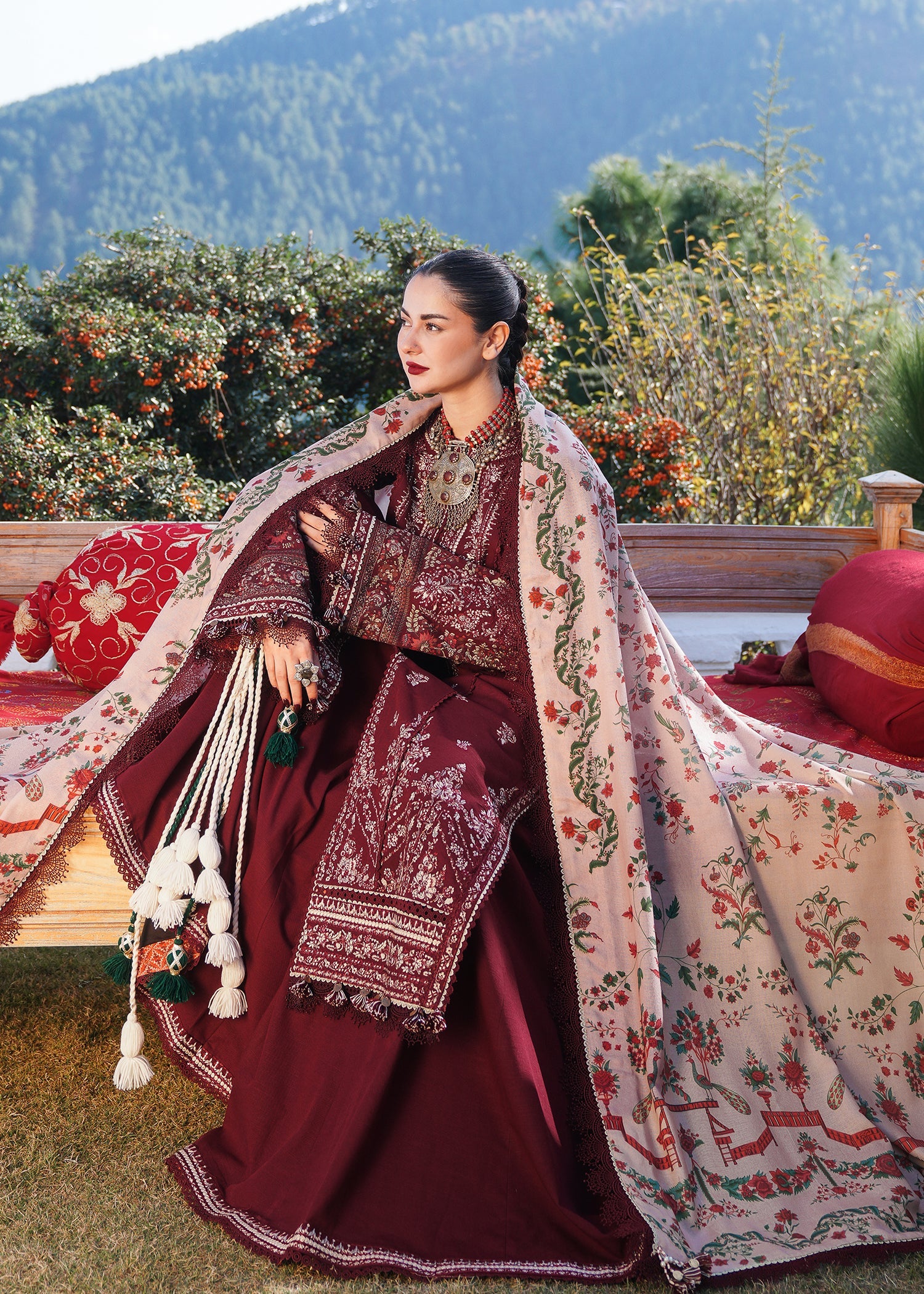3PC Unstitched Dhanak Embroidered Shirt with Embroidered Dhanak Shawl and Trousers -AB108