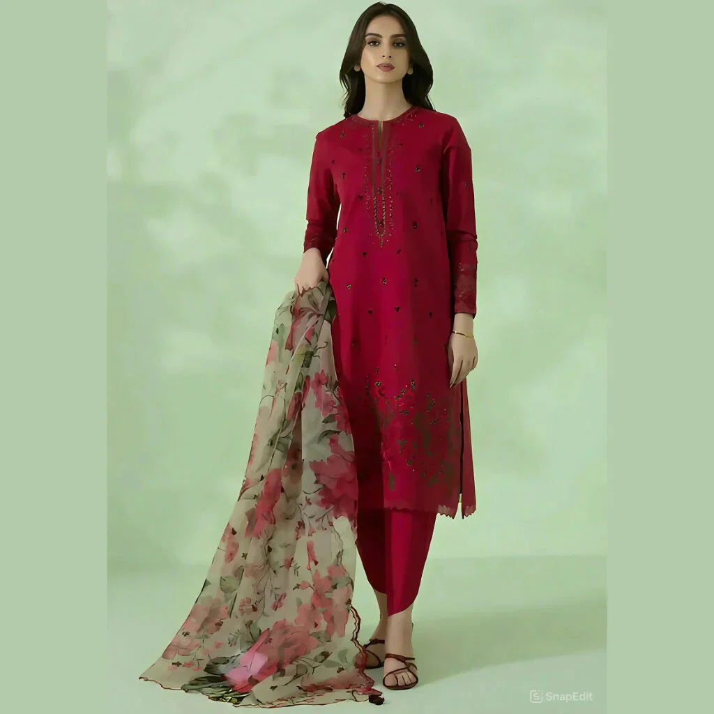 3PC Unstitched  Embroidered Shirt, AB34