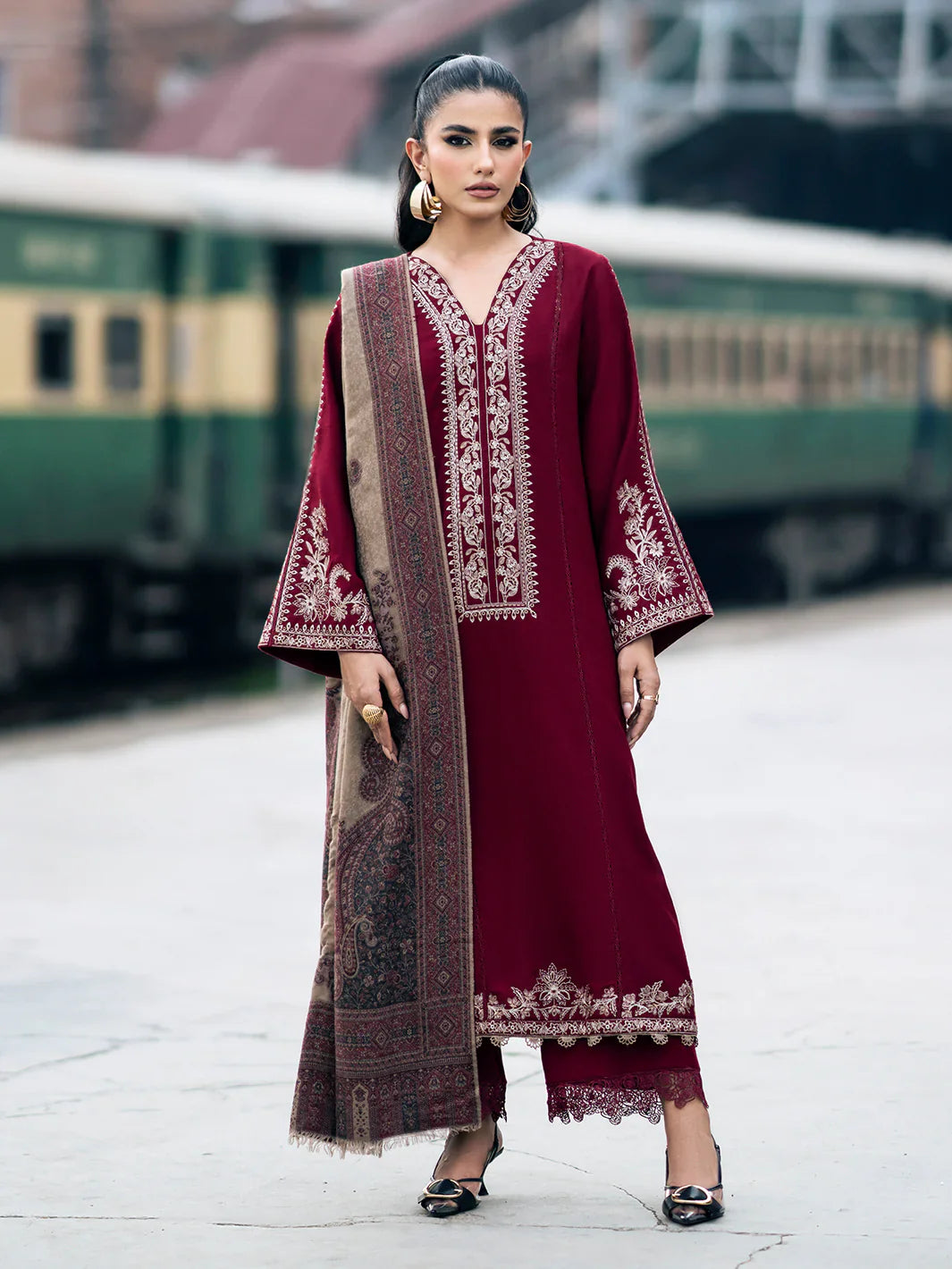 3PC Unstitched Dhanak Embroidered Shirt with Embroidered Dhanak Shawl and Trousers -AB114