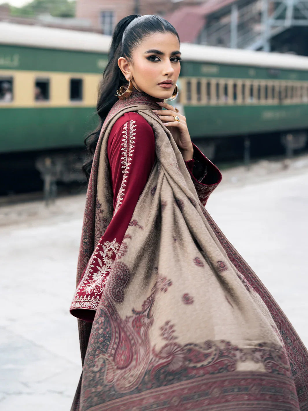 3PC Unstitched Dhanak Embroidered Shirt with Embroidered Dhanak Shawl and Trousers -AB114