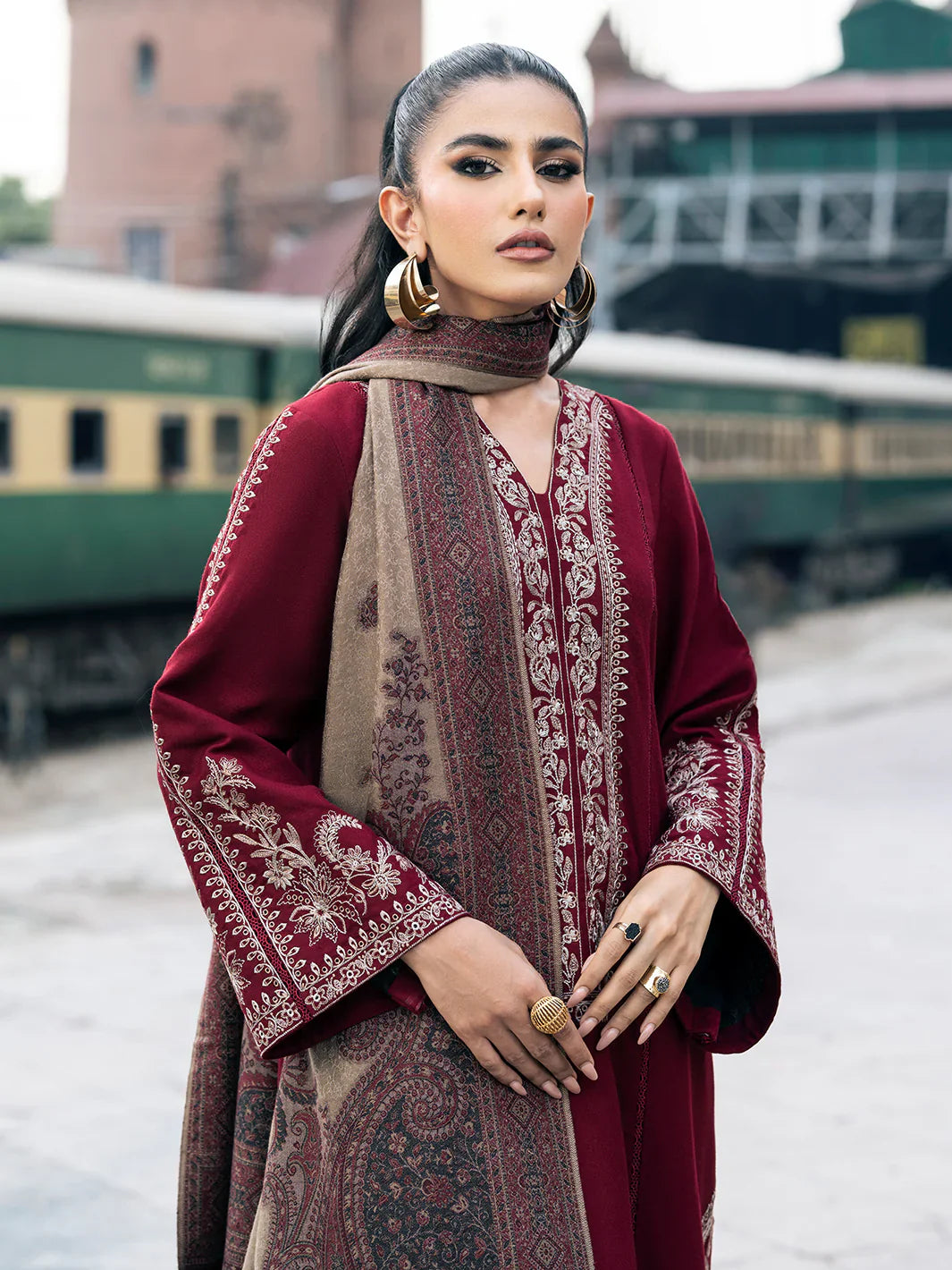 3PC Unstitched Dhanak Embroidered Shirt with Embroidered Dhanak Shawl and Trousers -AB114