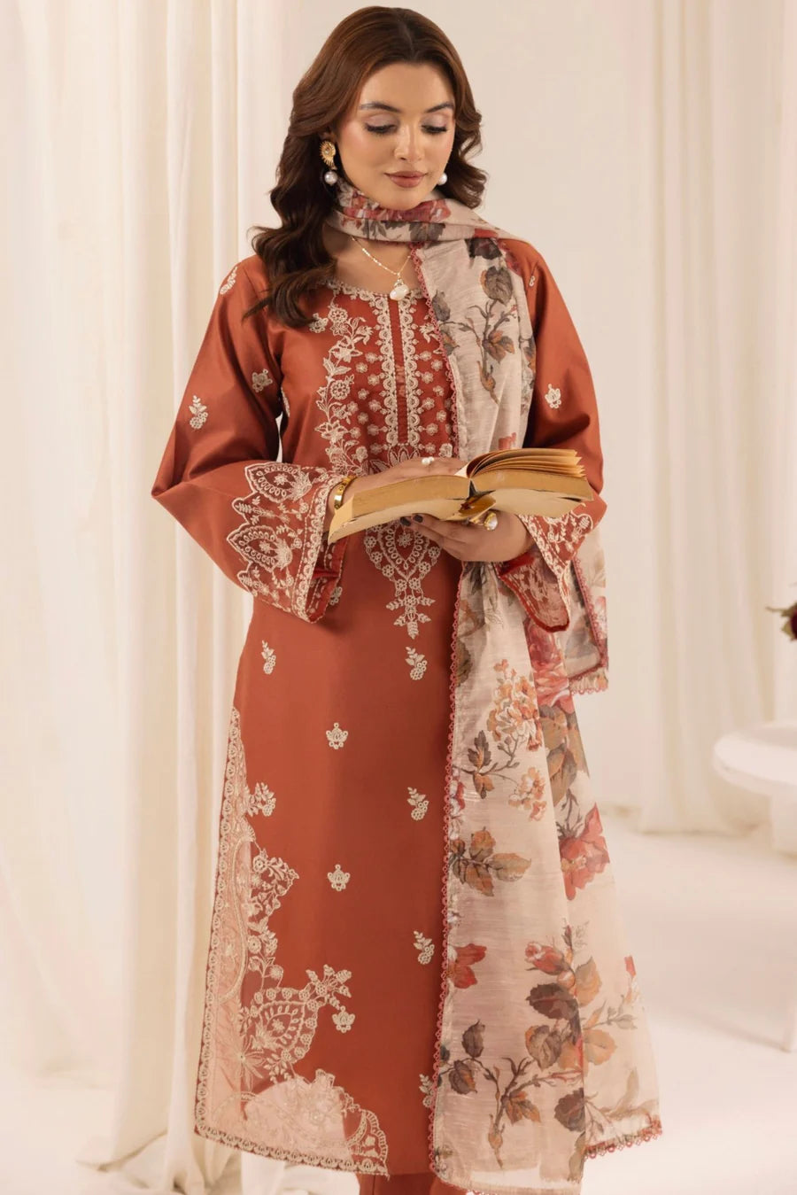3PC Unstitched Dhanak Embroidered Shirt with Embroidered Dhanak Shawl and Trousers -AB109