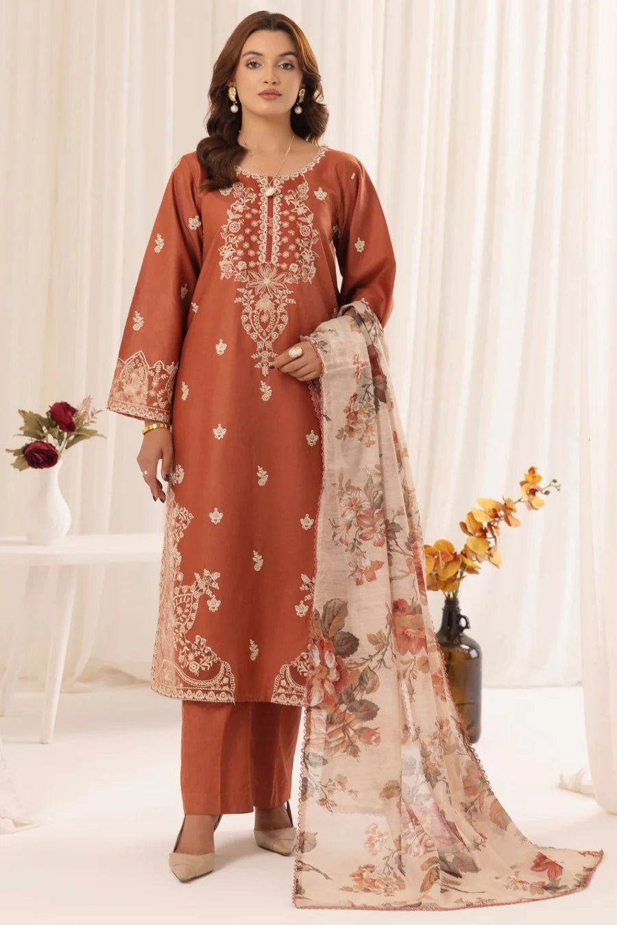 3PC Unstitched Dhanak Embroidered Shirt with Embroidered Dhanak Shawl and Trousers -AB109