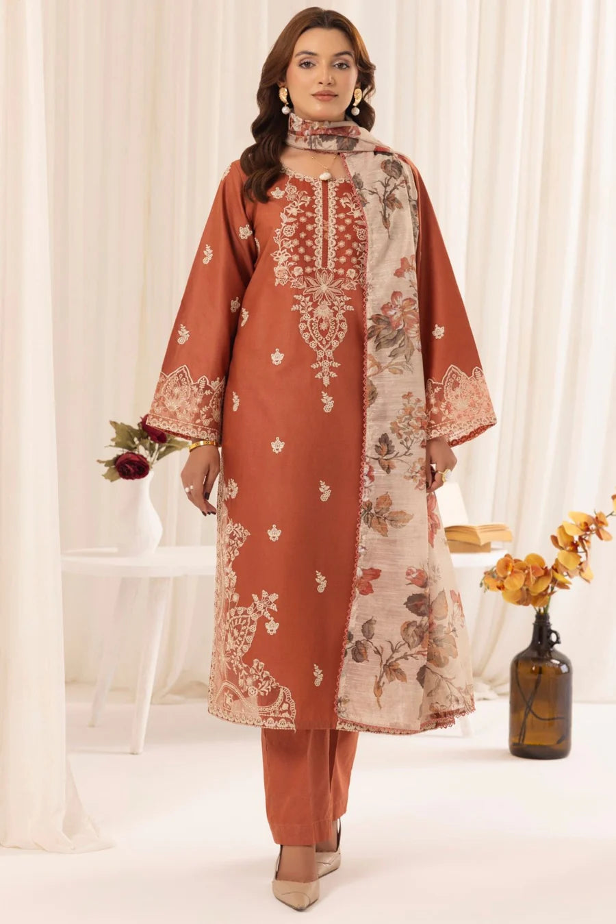 3PC Unstitched Dhanak Embroidered Shirt with Embroidered Dhanak Shawl and Trousers -AB109