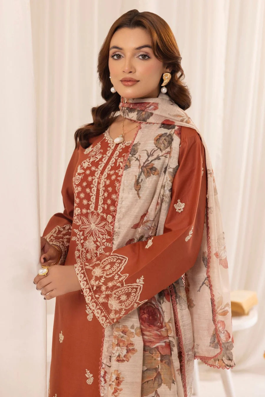 3PC Unstitched Dhanak Embroidered Shirt with Embroidered Dhanak Shawl and Trousers -AB109