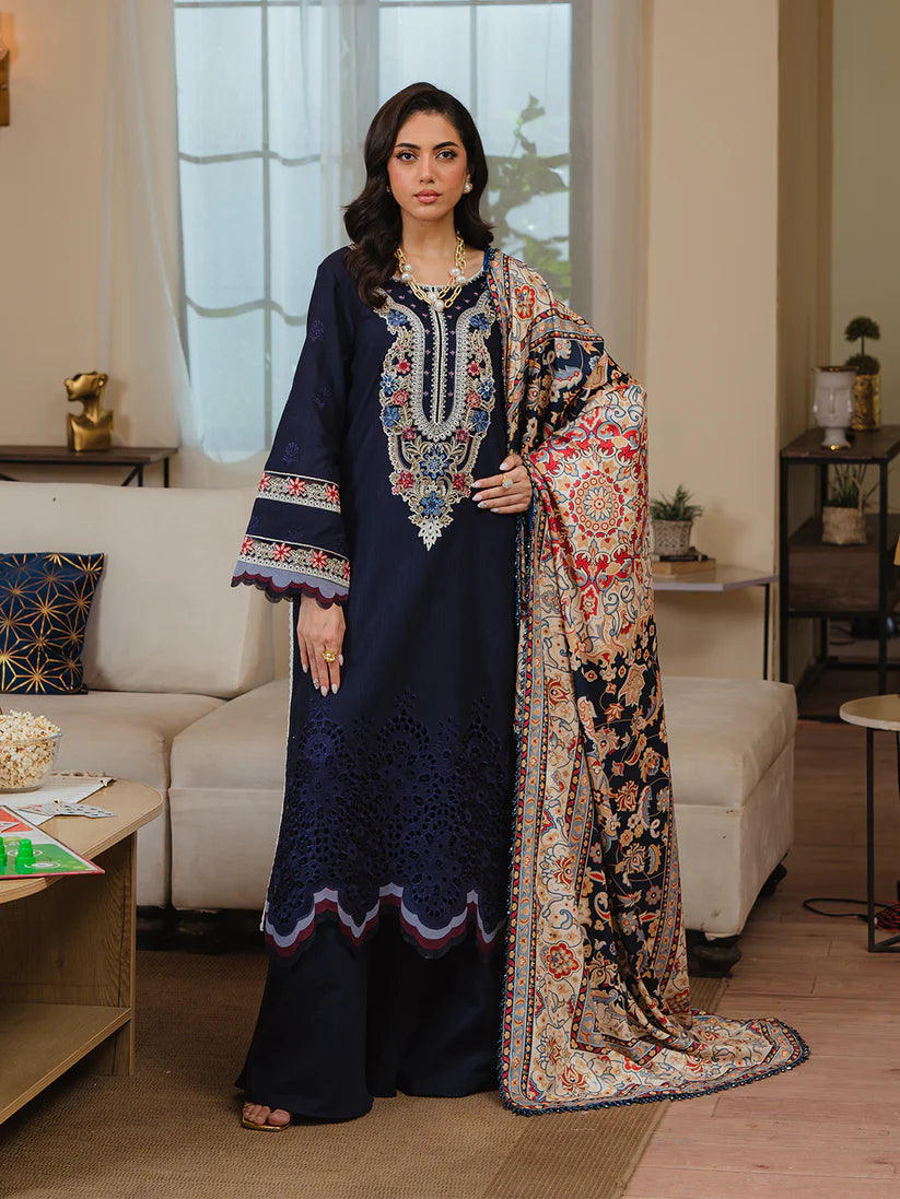 3PC Unstitched Dhanak Embroidered Shirt with Embroidered Dhanak Shawl and Trousers -AB119