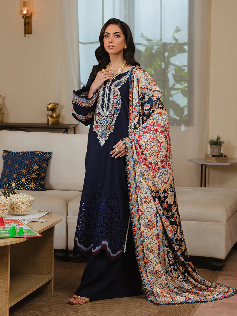3PC Unstitched Dhanak Embroidered Shirt with Embroidered Dhanak Shawl and Trousers -AB119