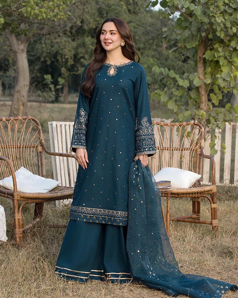 3PC Unstitched Dhanak Embroidered Shirt with Embroidered Dhanak Shawl and Trousers -AB118