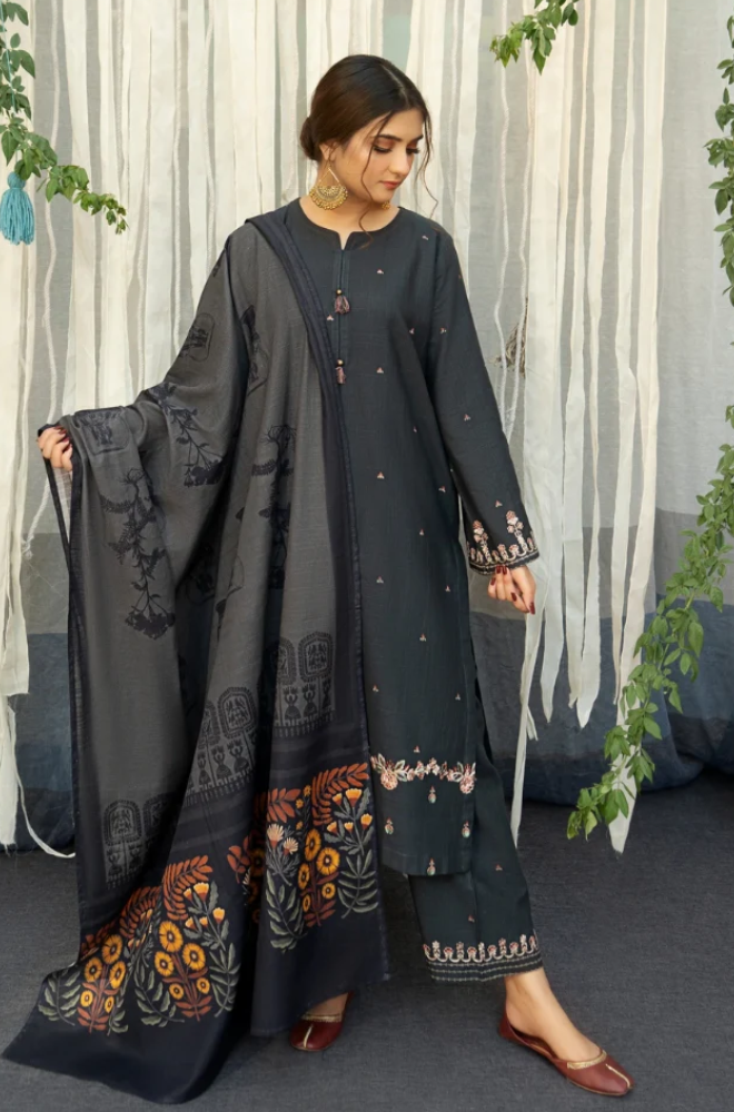 3PC Unstitched Dhanak Embroidered Shirt with Embroidered Dhanak Shawl and Trousers -AB116
