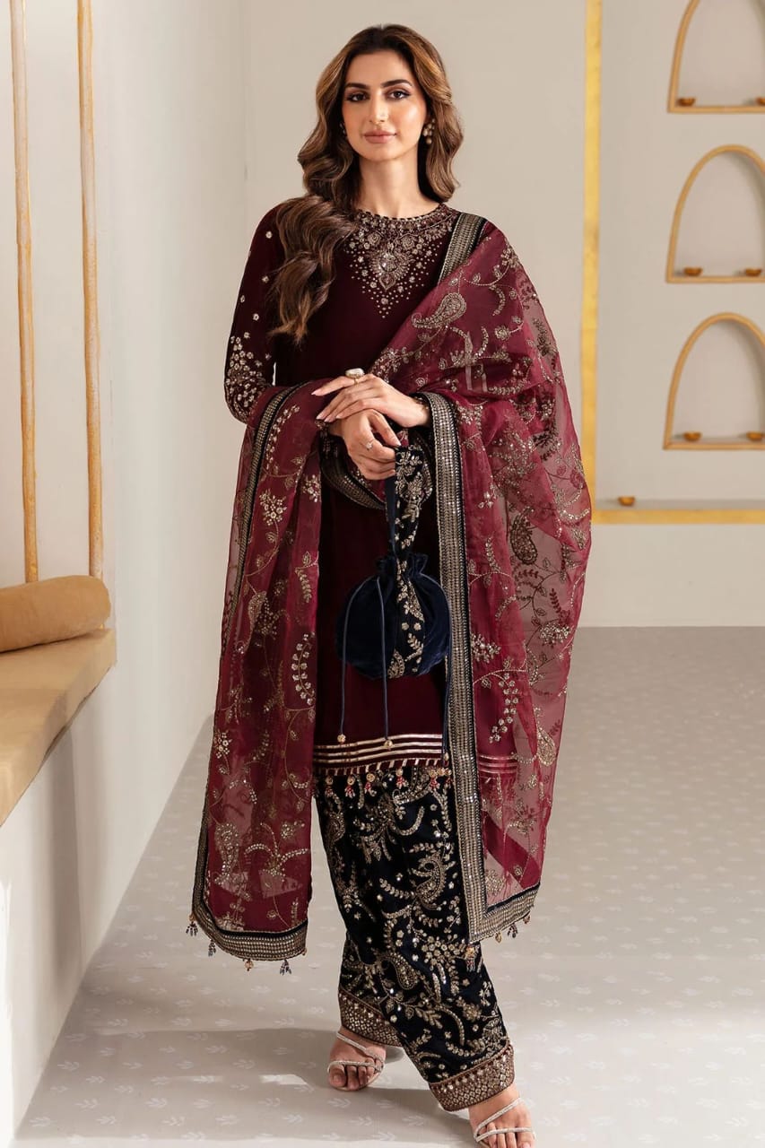 3PC Unstitched Dhanak Embroidered Shirt with Embroidered Dhanak Shawl and Trousers -AB117