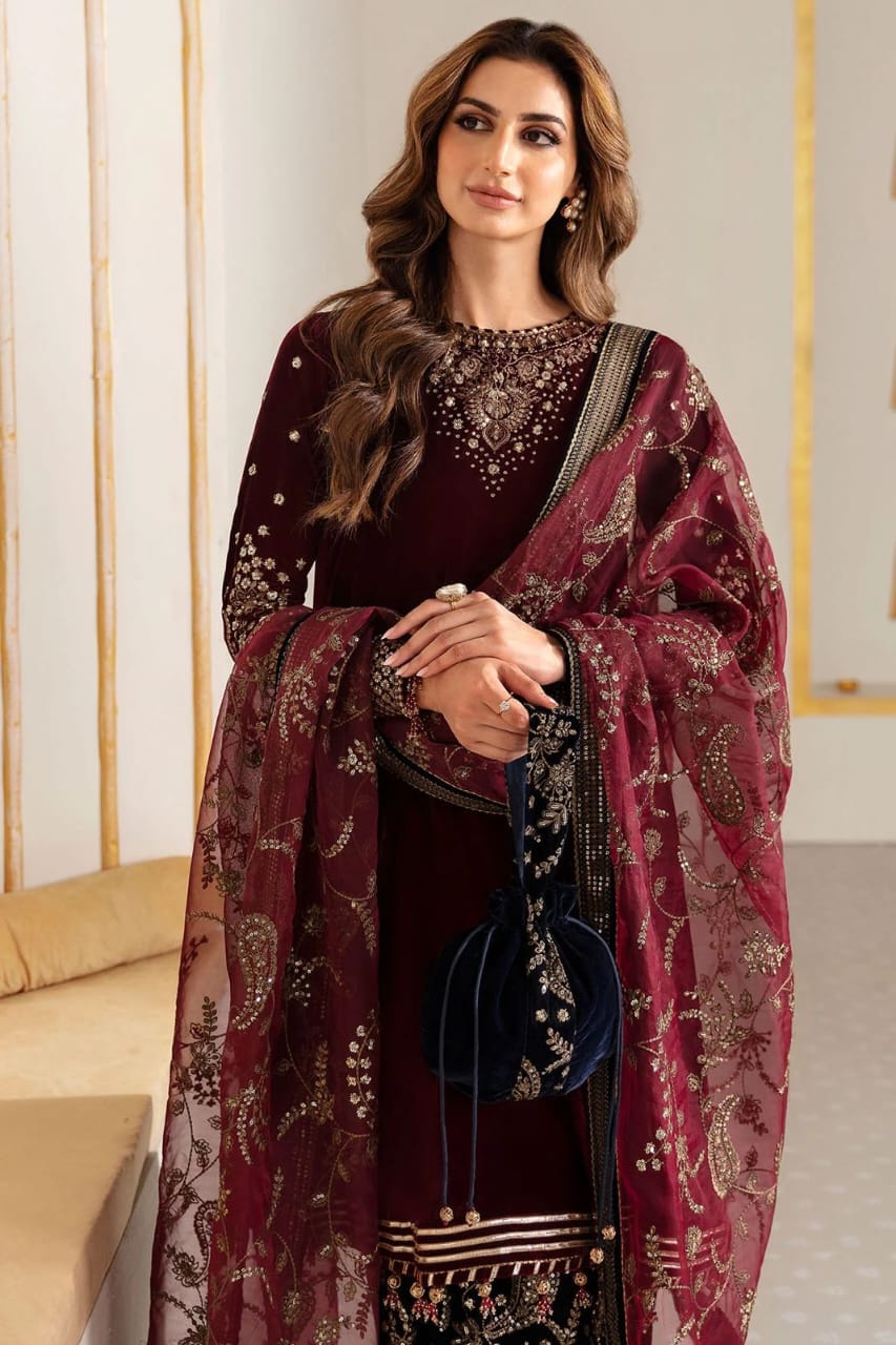 3PC Unstitched Dhanak Embroidered Shirt with Embroidered Dhanak Shawl and Trousers -AB117